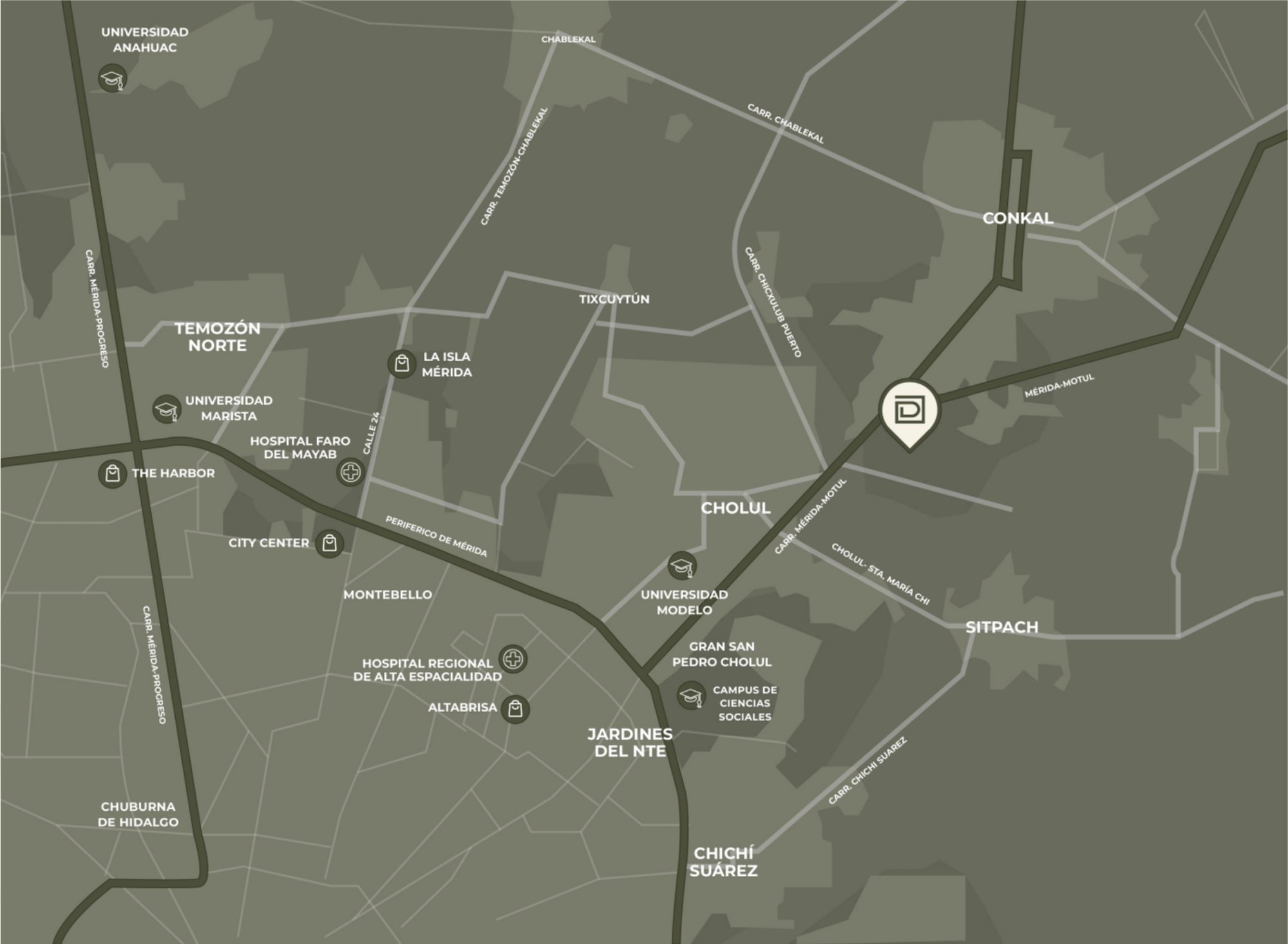 Mapa de ubicación de Distrito Conkal y su cercanía con universidades, hospitales y plazas comerciales al norte de Mérida