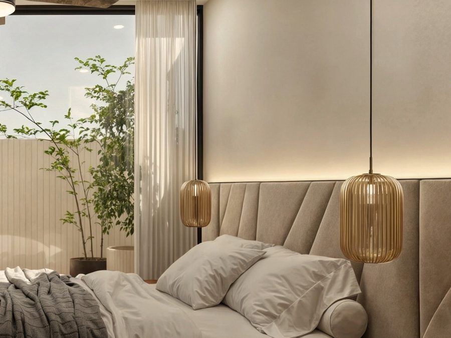 Recámara del Modelo Kaia en Distrito Conkal, con ventanal a terraza