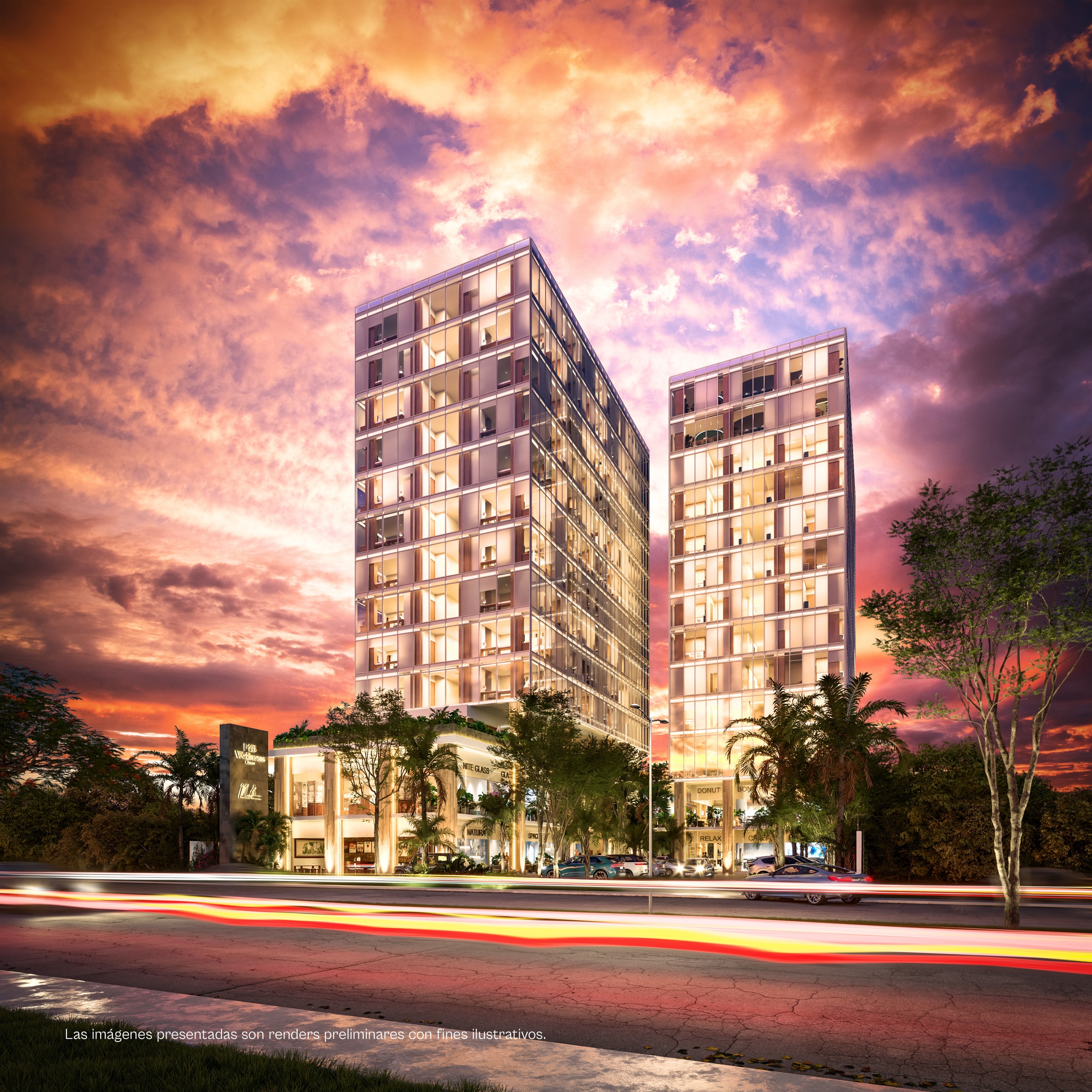 MB Medical Tower al atardecer con estelas de luz