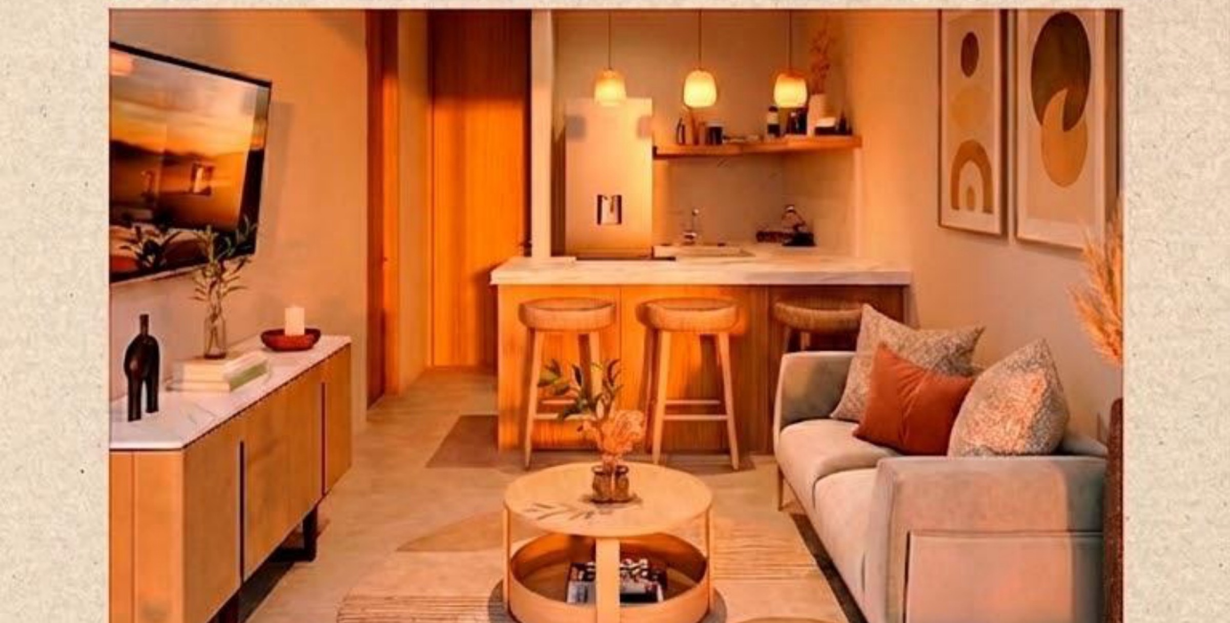 Sala, cocina y barra amuebladas
