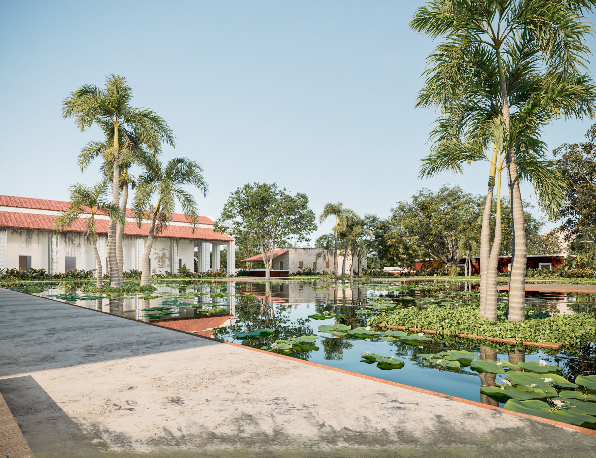 Render del espejo de agua frente al casco de la hacienda
