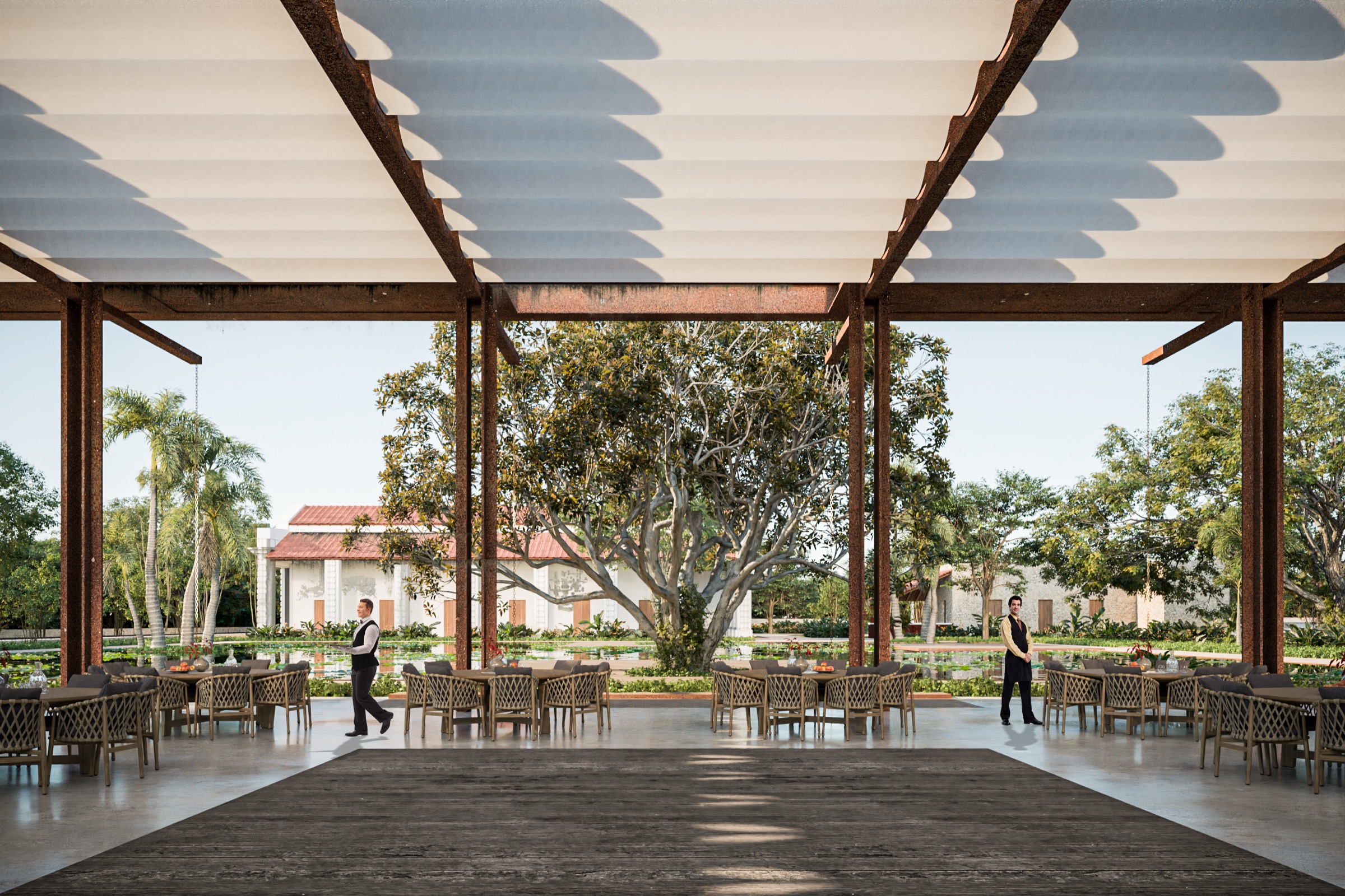 Render del restaurante dentro del casco de la hacienda